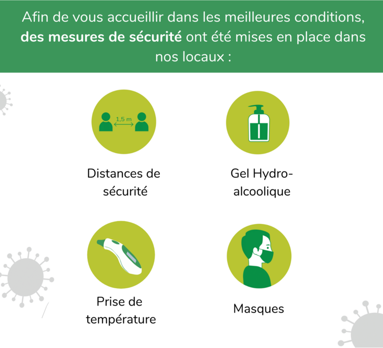 Afin de vous accueillir dans les meilleures conditions, des mesures de sécurité ont été mises en places dans nos locaux. Distances de sécurité. Gel hydroalcoolique. Prise de température. Masques.